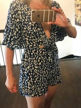 Women's Navy and Cream Printed Tie-Front Dress